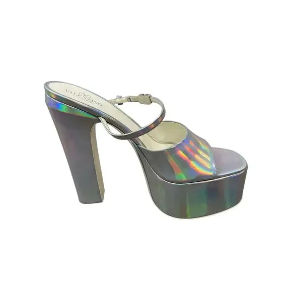 Valentino Garavani Tan-go Iridescent Platform Pumps Block Heels Silver Sz 11
